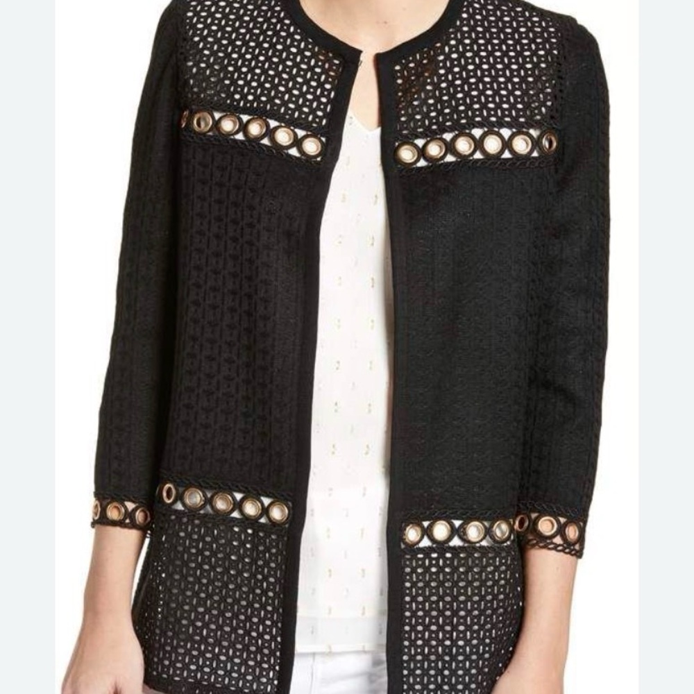 Ming Wang Sweater Cardigan Womens L Eyelet Panels Professional Classic Old Money - Picture 6 of 16